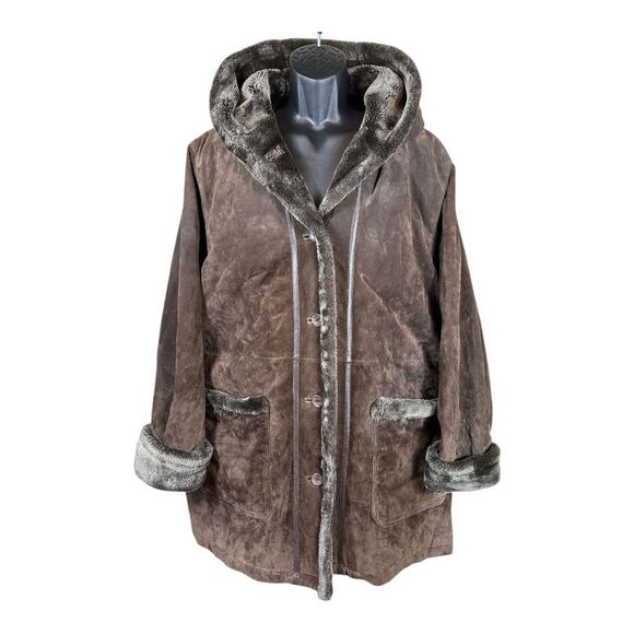 Vintage Fitz-Wright Brown Suede Leather Faux Shearling Lined Overcoat Size XL - Picture 1 of 10